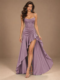 Burgundy Spaghetti Strap Ruched Prom Dress with Ruffled High Slit