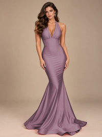 Pink Halter Deep V-Neck Ruched Mermaid Prom Dress