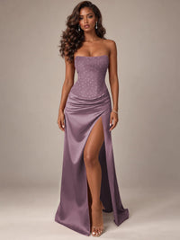 Burgundy Strapless Sparkly Corset Prom Dress with High Slit