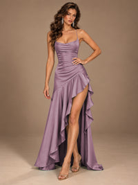 Burgundy Spaghetti Strap Ruched Prom Dress with Ruffled High Slit