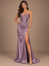 Dusty Blue Strapless Lace Corset Prom Dress with High Slit