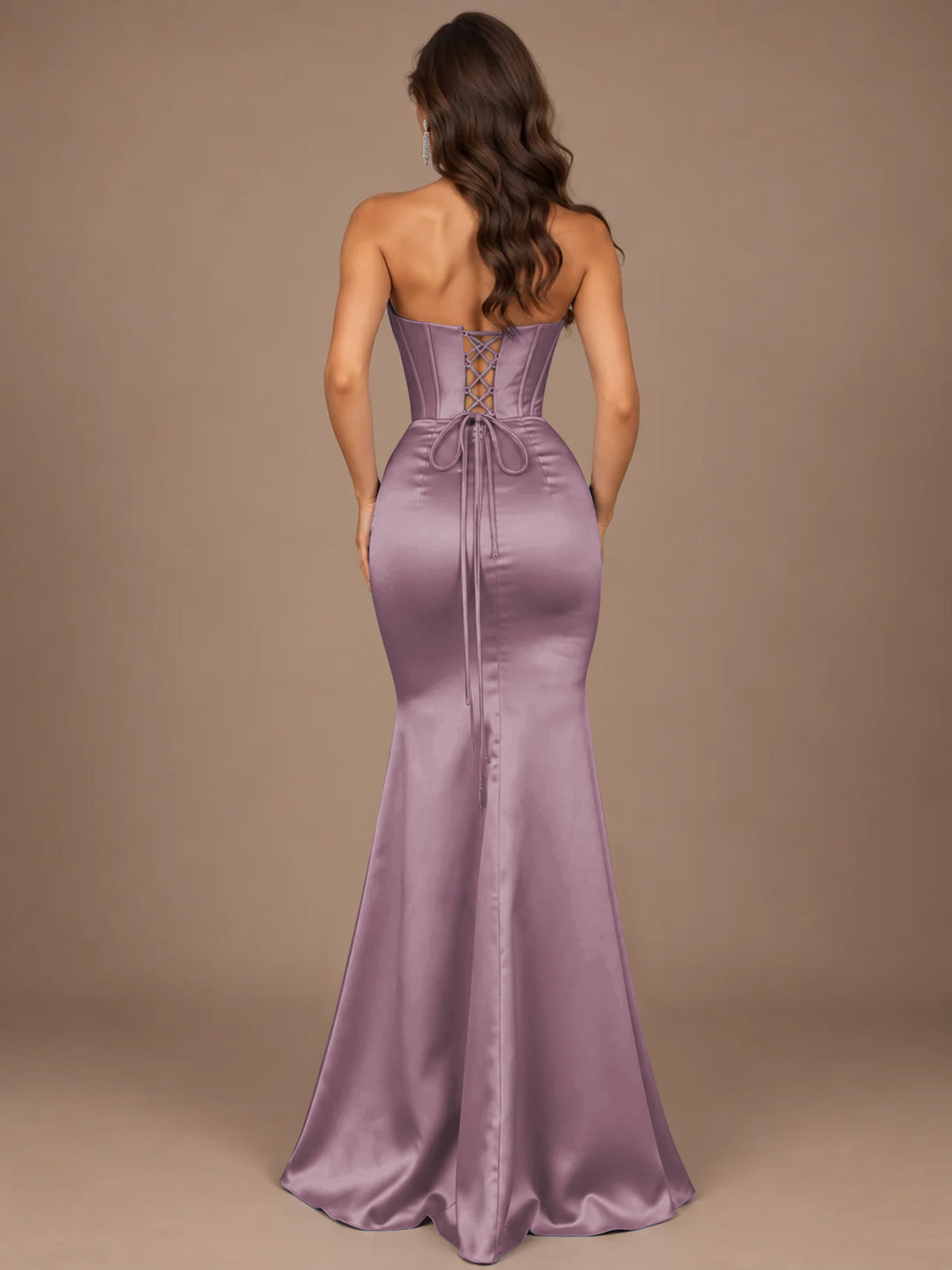 Dusty Blue Strapless Lace Corset Prom Dress with High Slit