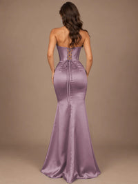 Dusty Blue Strapless Lace Corset Prom Dress with High Slit