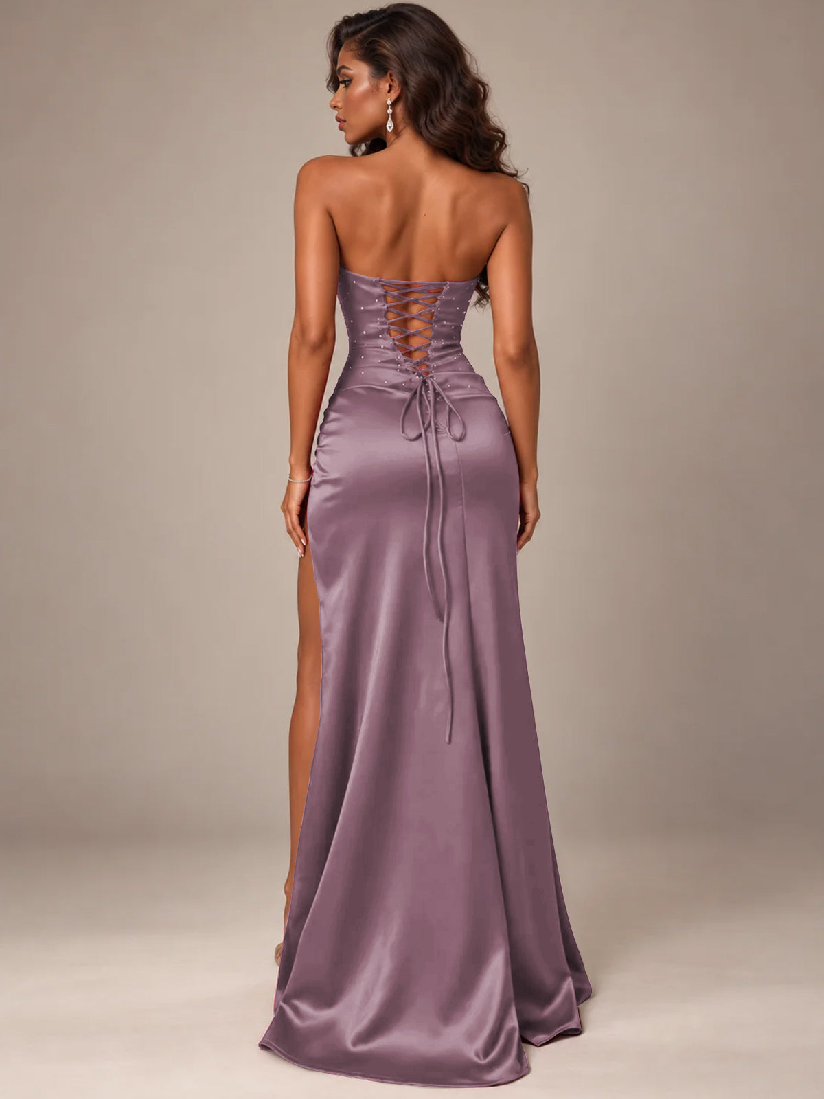 Burgundy Strapless Sparkly Corset Prom Dress with High Slit