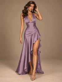 Burgundy Halter Deep V-Neck Ruched High Slit Ruffle Prom Dress