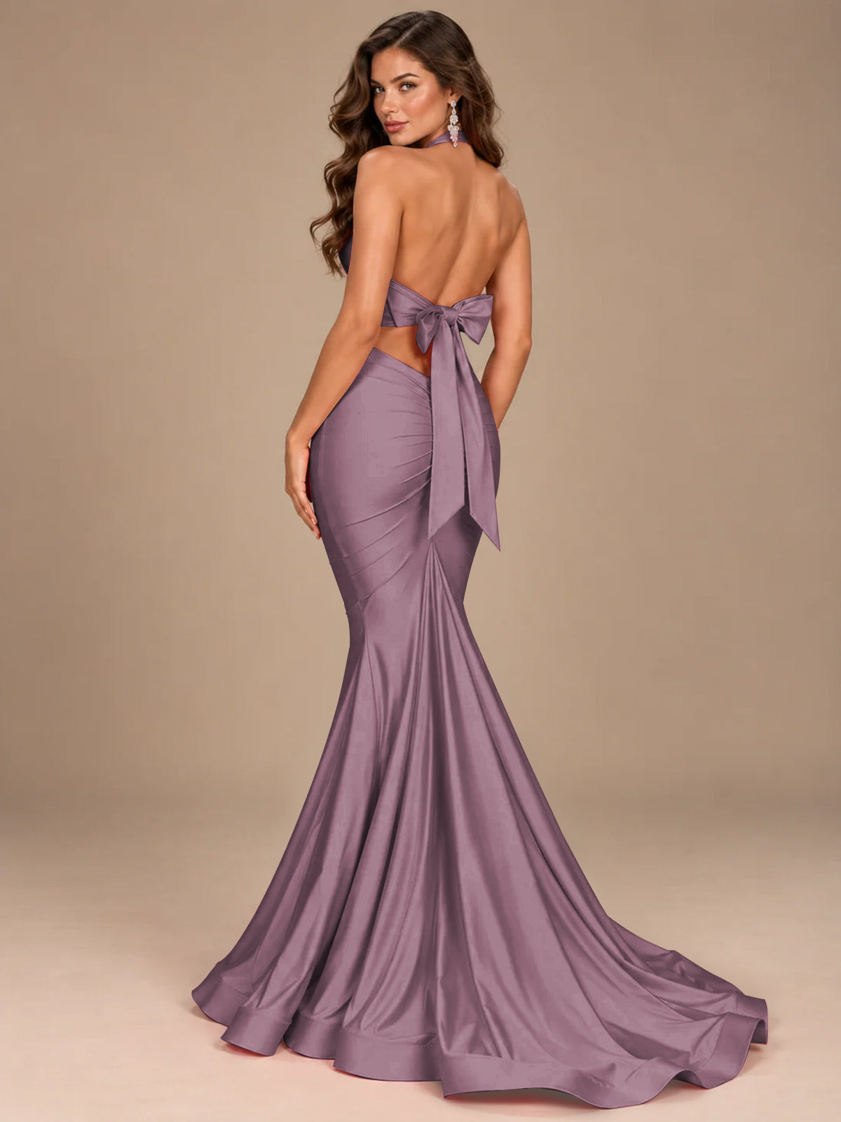 Pink Halter Deep V-Neck Ruched Mermaid Prom Dress