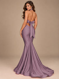 Pink Halter Deep V-Neck Ruched Mermaid Prom Dress