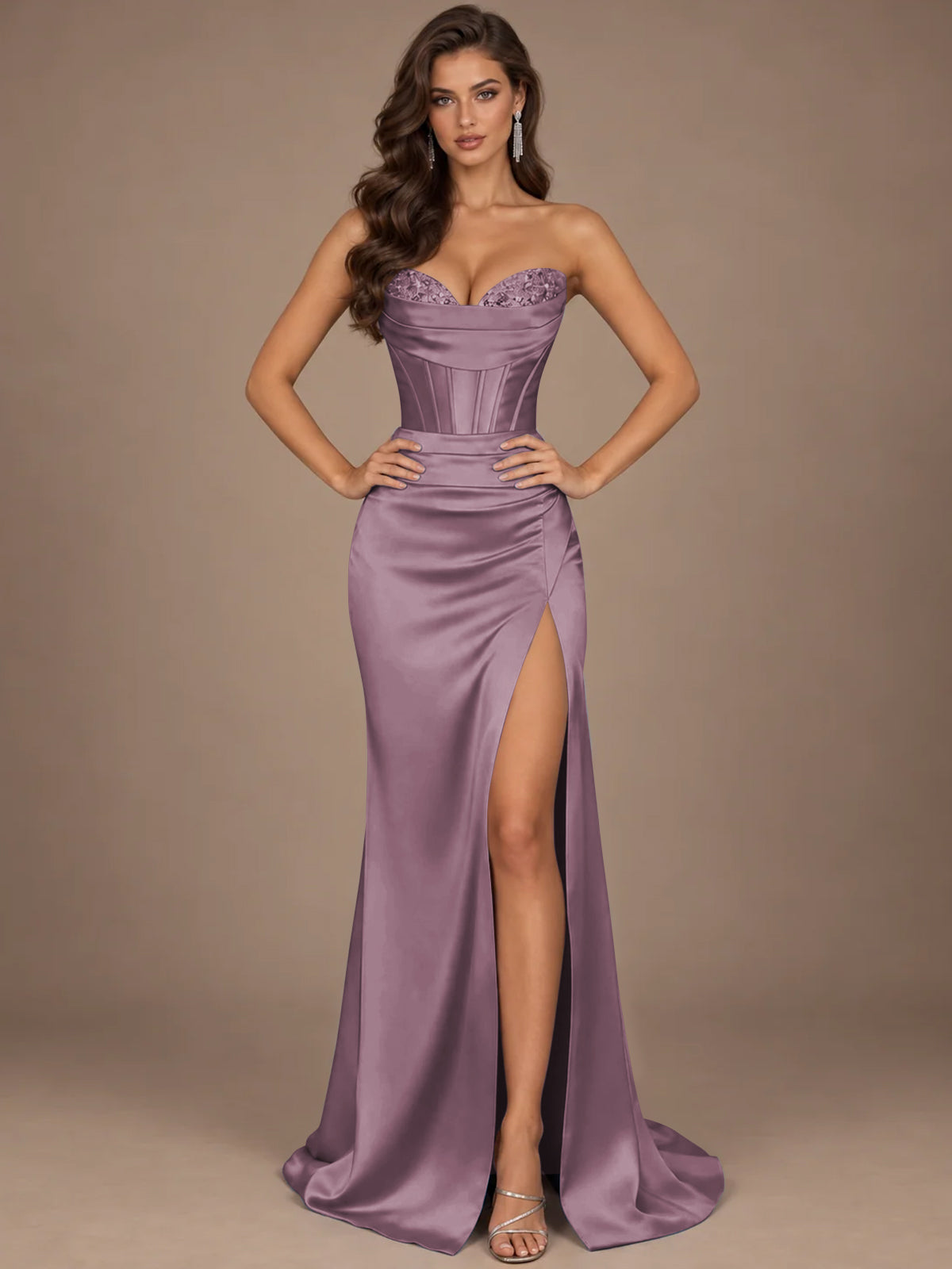 Dusty Blue Strapless Lace Corset Prom Dress with High Slit