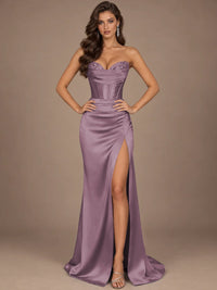 Dusty Blue Strapless Lace Corset Prom Dress with High Slit