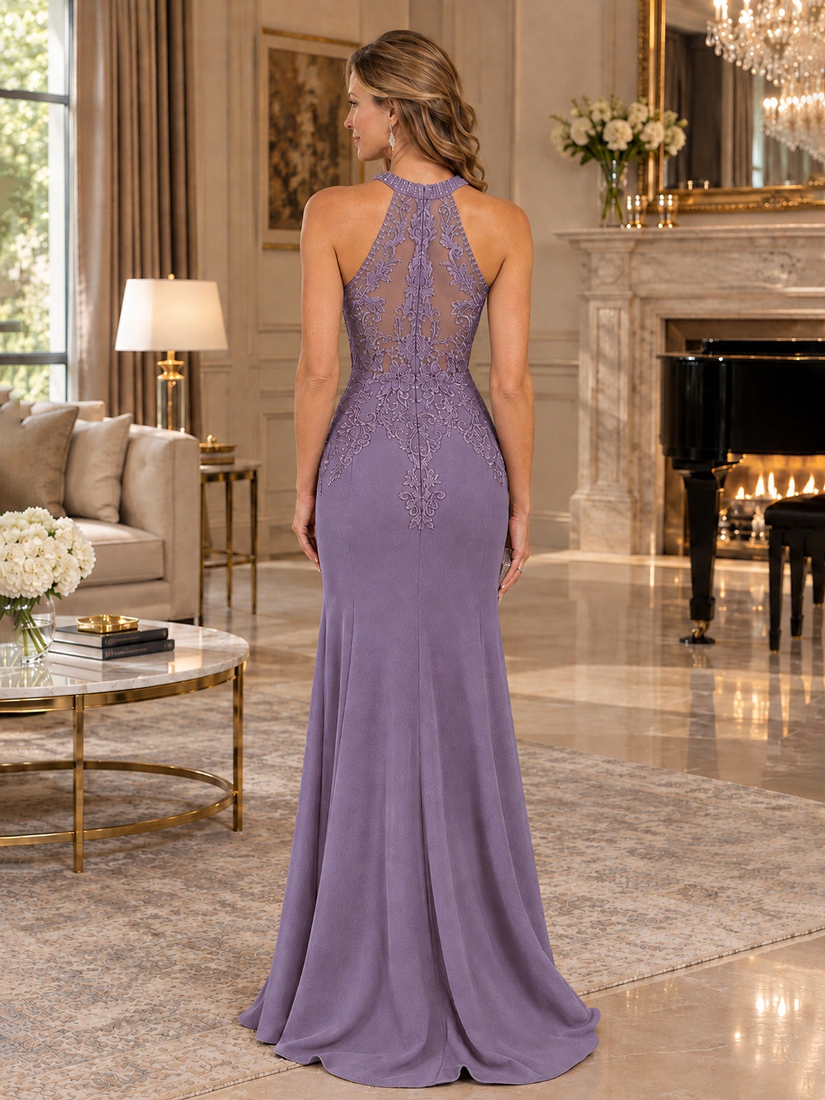 Halter Neckline Lace Appliques Mother of The Bride Dresses