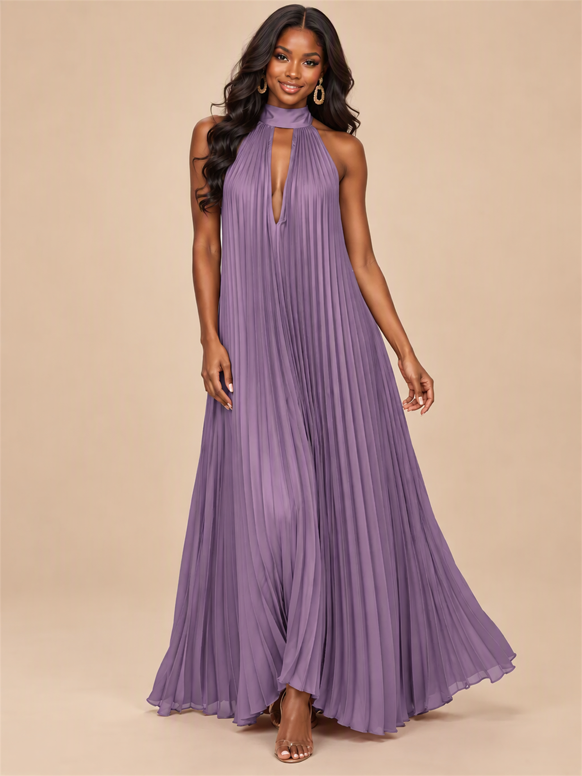 Rust Orange Pleated Halter Neck Maxi Dress