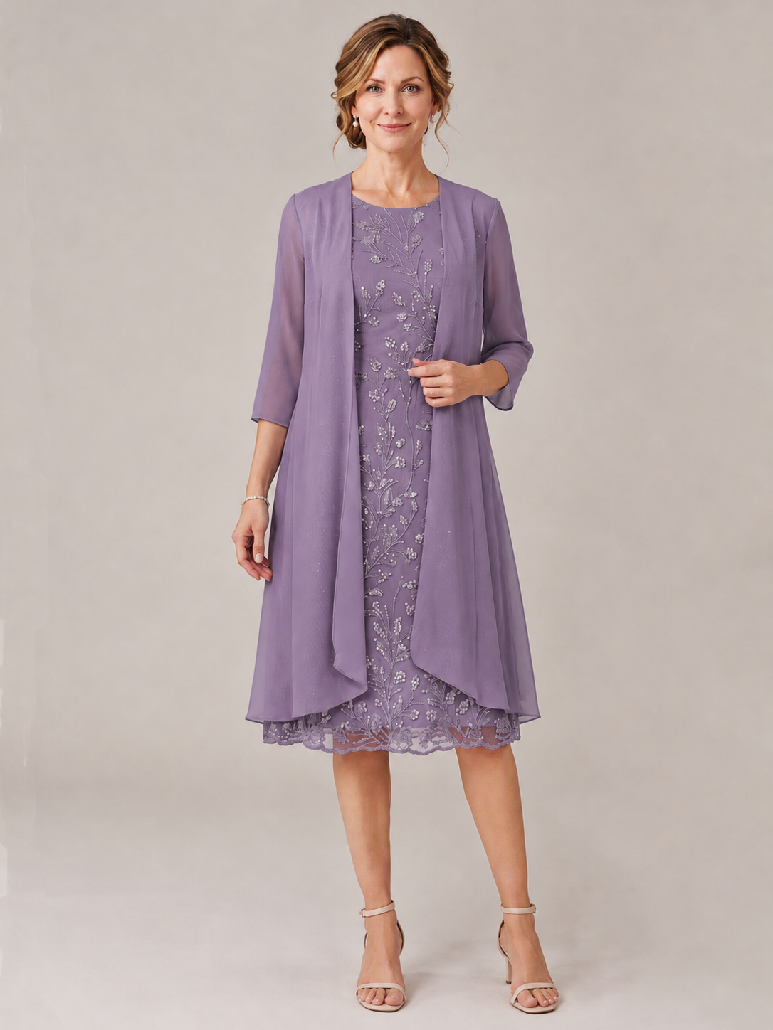 Tea Length Sequin Lace Mother of The Bride Dress with Chiffon Jacket
