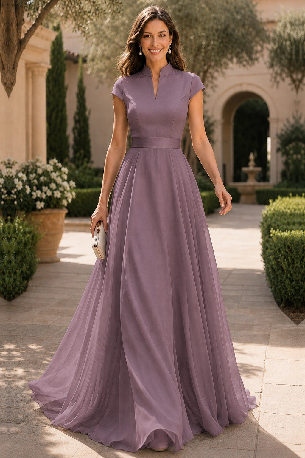 V Neck Cap Sleeve A-Line Floor-Length Satin Bridesmaid Dress