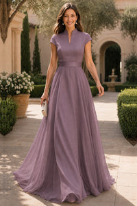 V Neck Cap Sleeve A-Line Floor-Length Satin Bridesmaid Dress