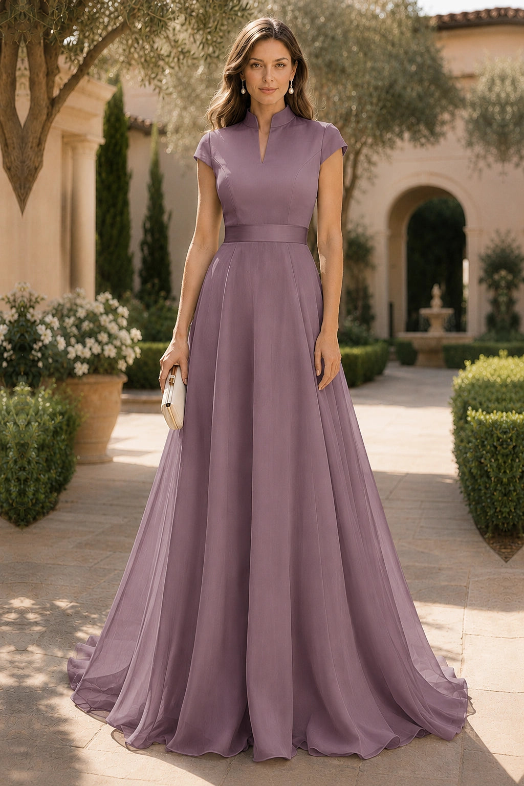 V Neck Cap Sleeve A-Line Floor-Length Satin Bridesmaid Dress