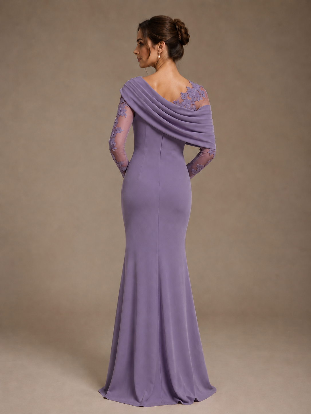Dusty Rose Illusion Long Sleeve Chiffon Applique Mother of The Bride Dress