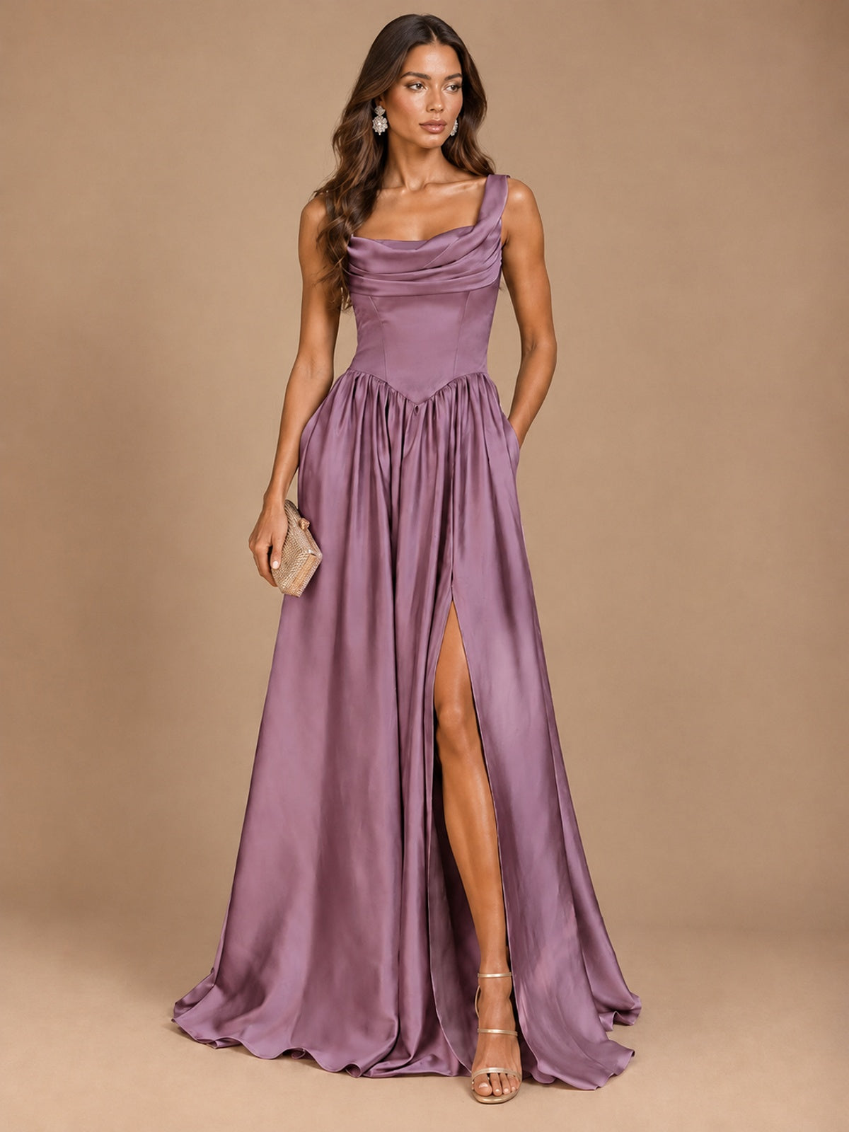 Cowl Neck Pleated Satin Prom Dress with Pockets & Slit Maxi Formal Gowns