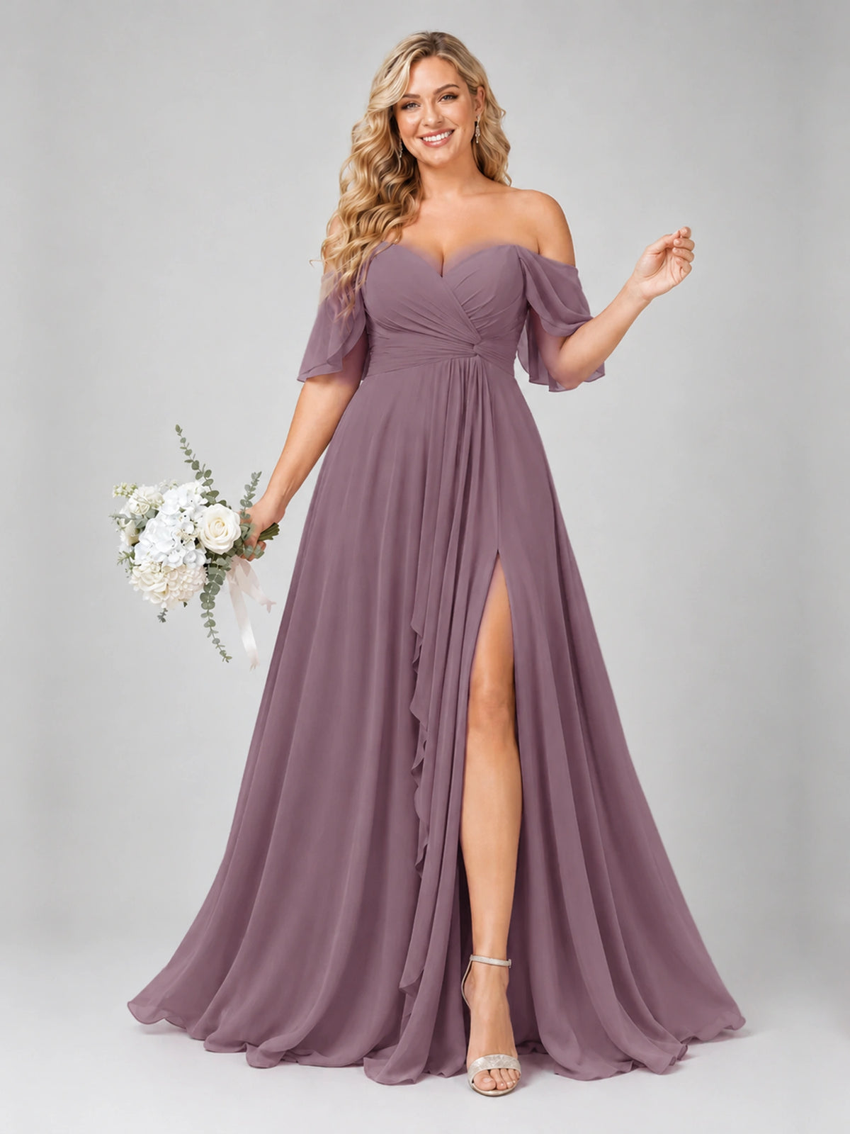Off Shoulder Chiffon Bridesmaid Dress with Slit