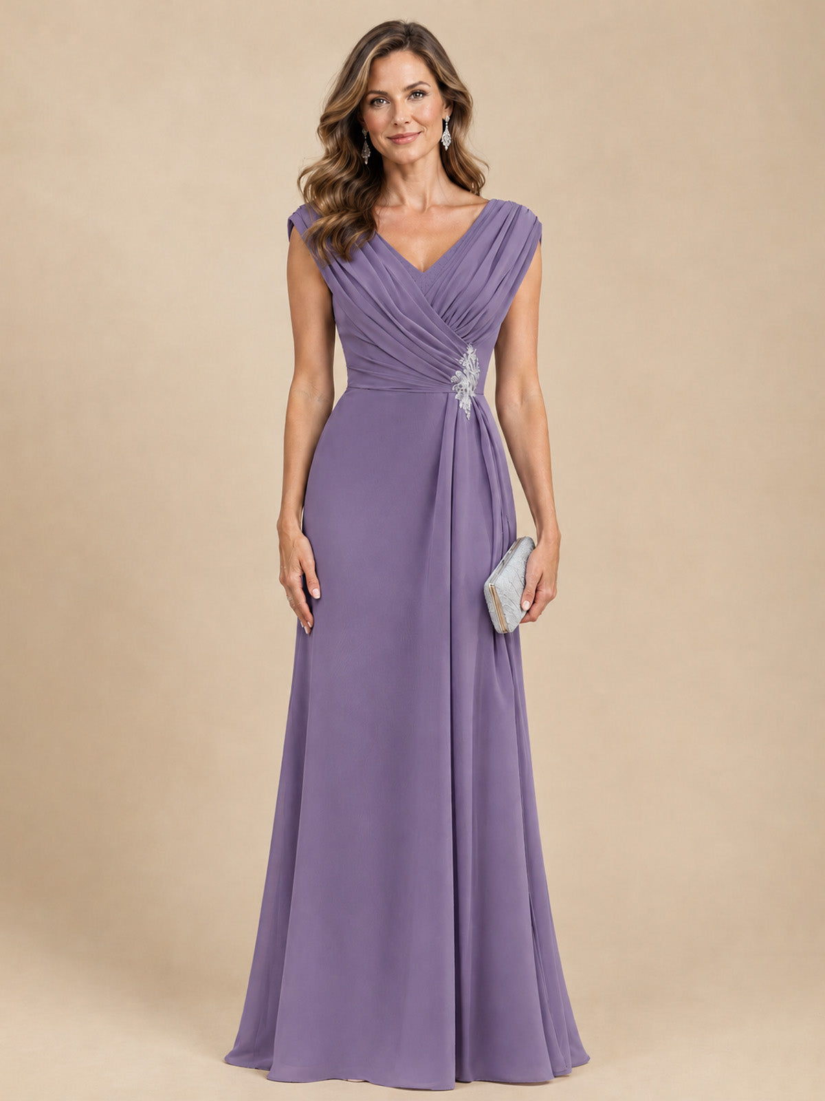 V Neck Pleated Mother of The Bride Dresses with Beading Cap Sleeves