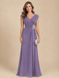 V Neck Pleated Mother of The Bride Dresses with Beading Cap Sleeves