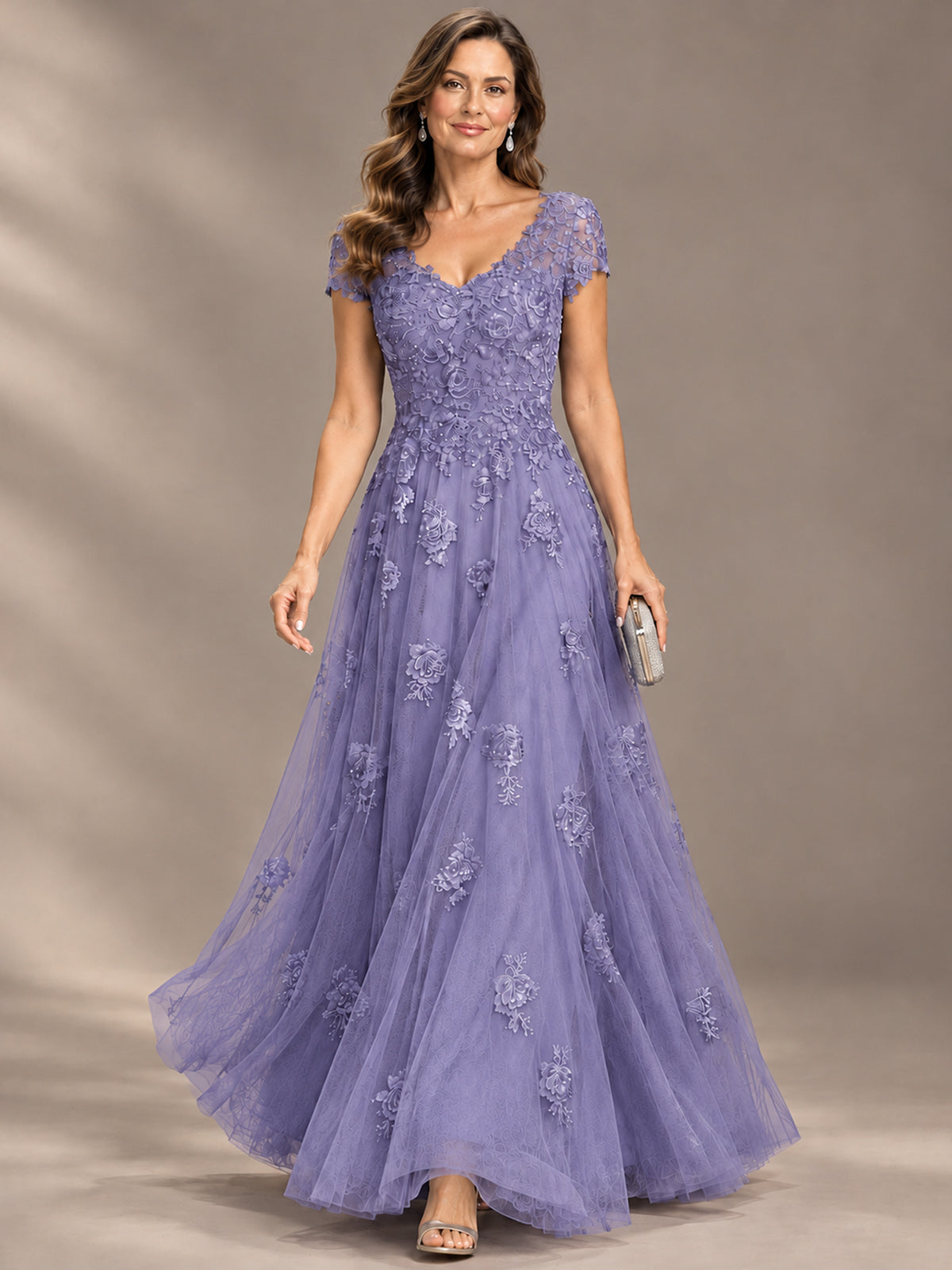Lace Appliques A-line Mother of The Bride Dresses with Short Sleeves