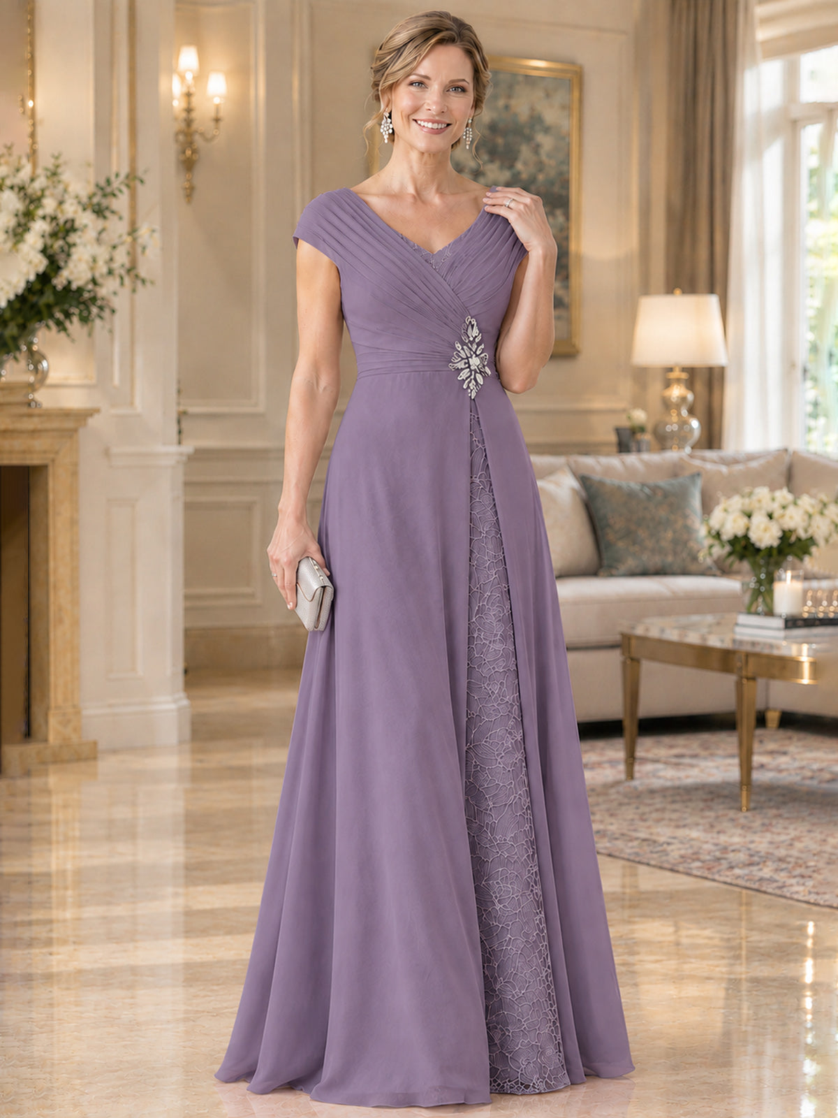 Pleated Chiffon Lace Mother of The Bride Dresses with Beading Cap Sleeves