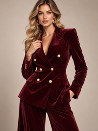 Women’s burgundy velvet double-breasted blazer and pants set