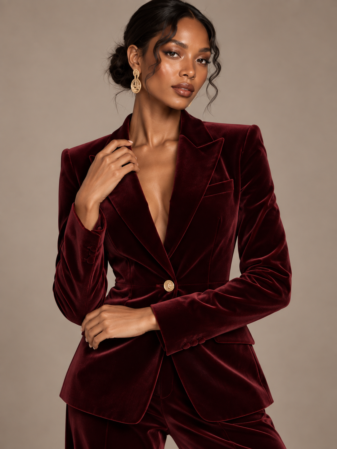 Women’s burgundy velvet pantsuit front view
