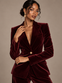 Women’s burgundy velvet pantsuit front view