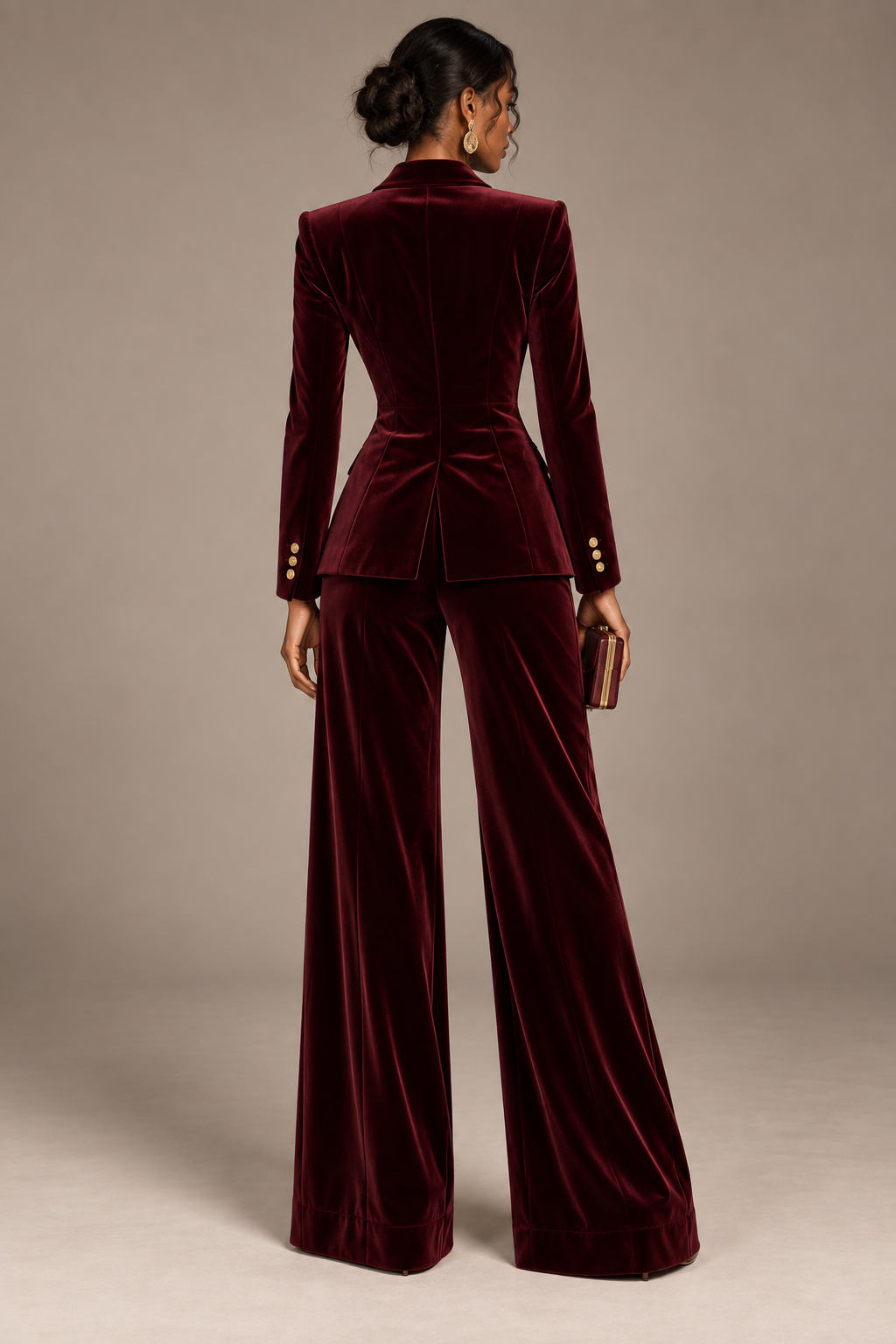 Women’s velvet suit with structured blazer and wide leg trousers