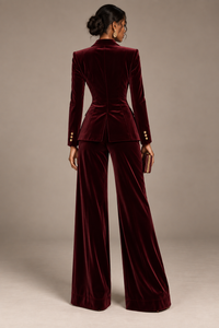 Women’s velvet suit with structured blazer and wide leg trousers