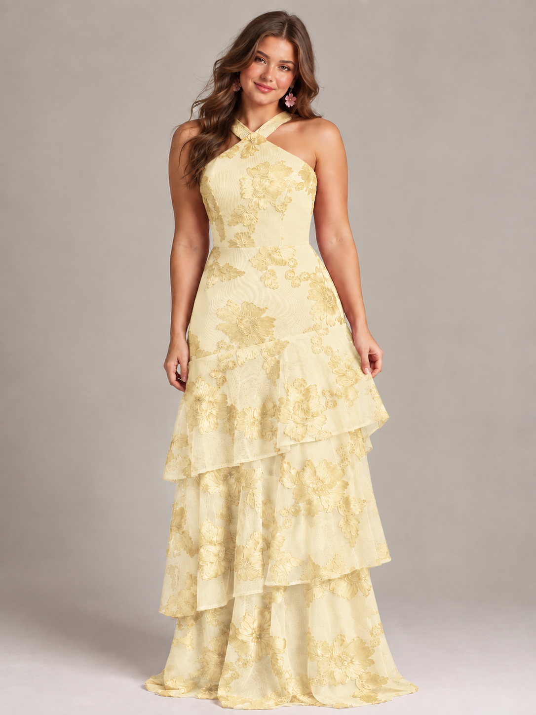 Hot Pink Halter Floral Applique Maxi Dress
