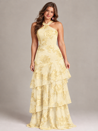 Hot Pink Halter Floral Applique Maxi Dress