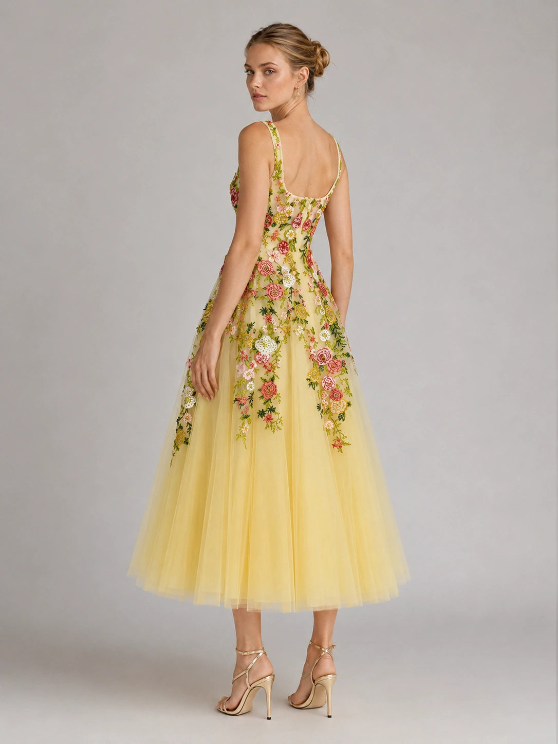 Yellow Floral Embroidered Tulle Midi Dress
