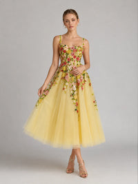Yellow Floral Embroidered Tulle Midi Dress
