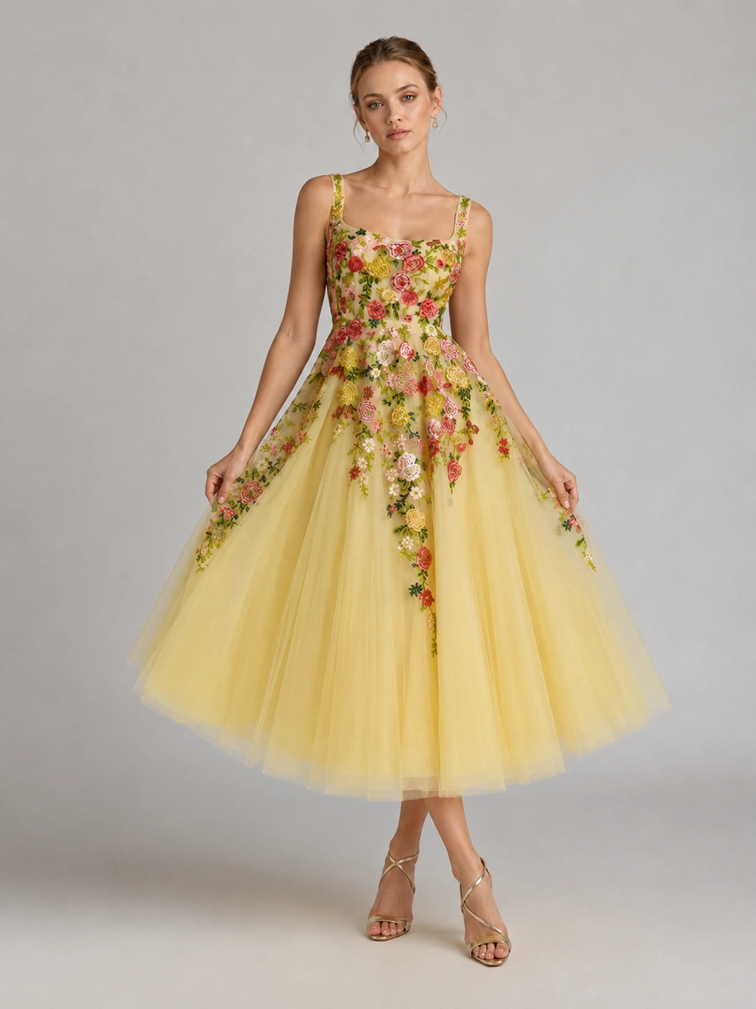 Yellow Floral Embroidered Tulle Midi Dress