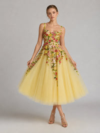 Yellow Floral Embroidered Tulle Midi Dress