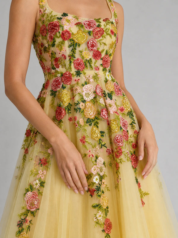 Yellow Floral Embroidered Tulle Midi Dress