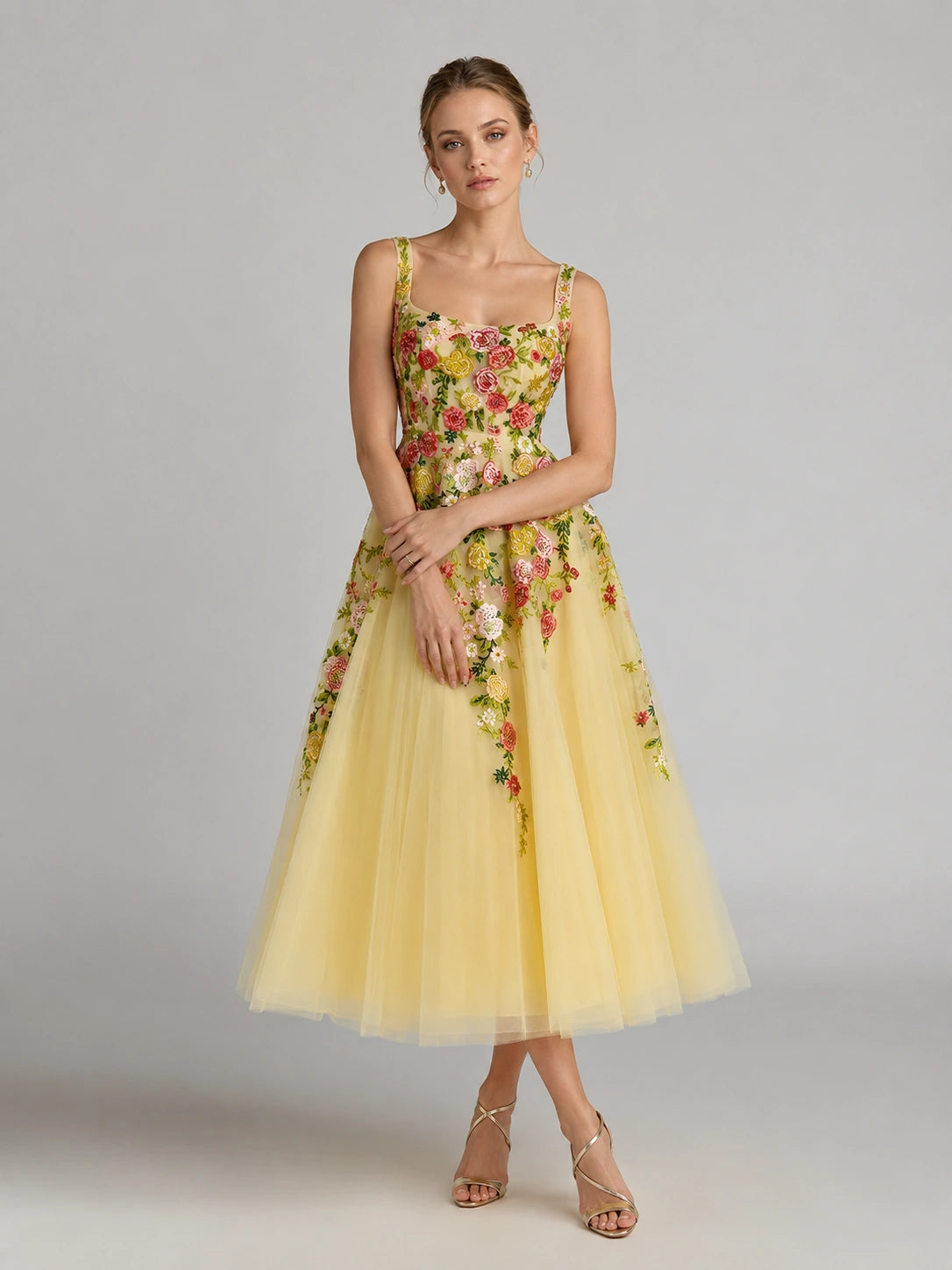 Yellow Floral Embroidered Tulle Midi Dress