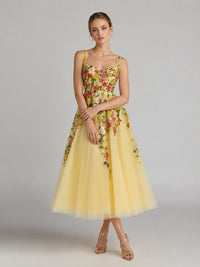 Yellow Floral Embroidered Tulle Midi Dress