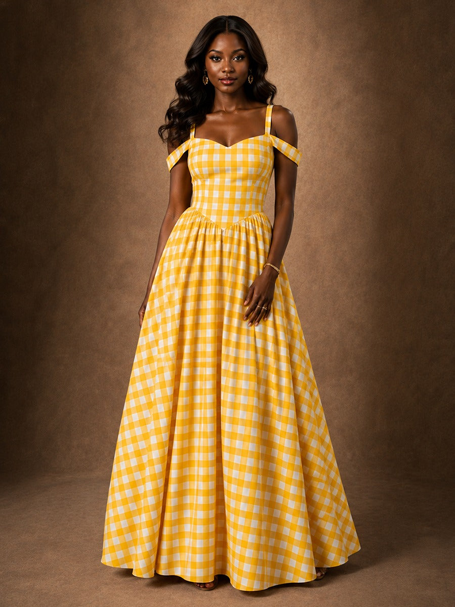 Yellow Gingham Sweetheart Maxi Dress with Off-Shoulder Straps