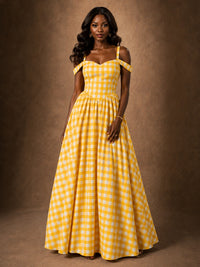 Yellow Gingham Sweetheart Maxi Dress with Off-Shoulder Straps