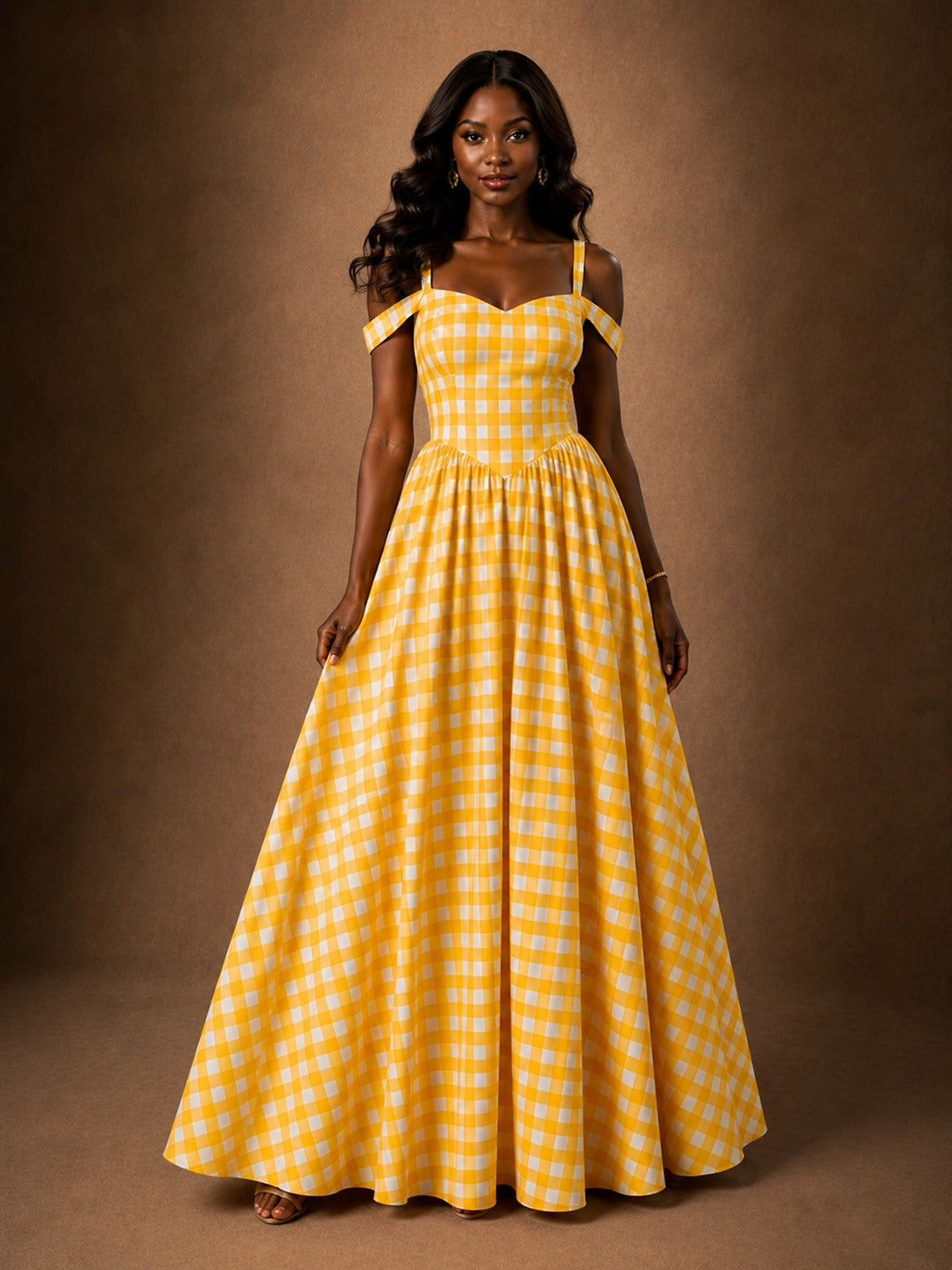 Yellow Gingham Sweetheart Maxi Dress with Off-Shoulder Straps