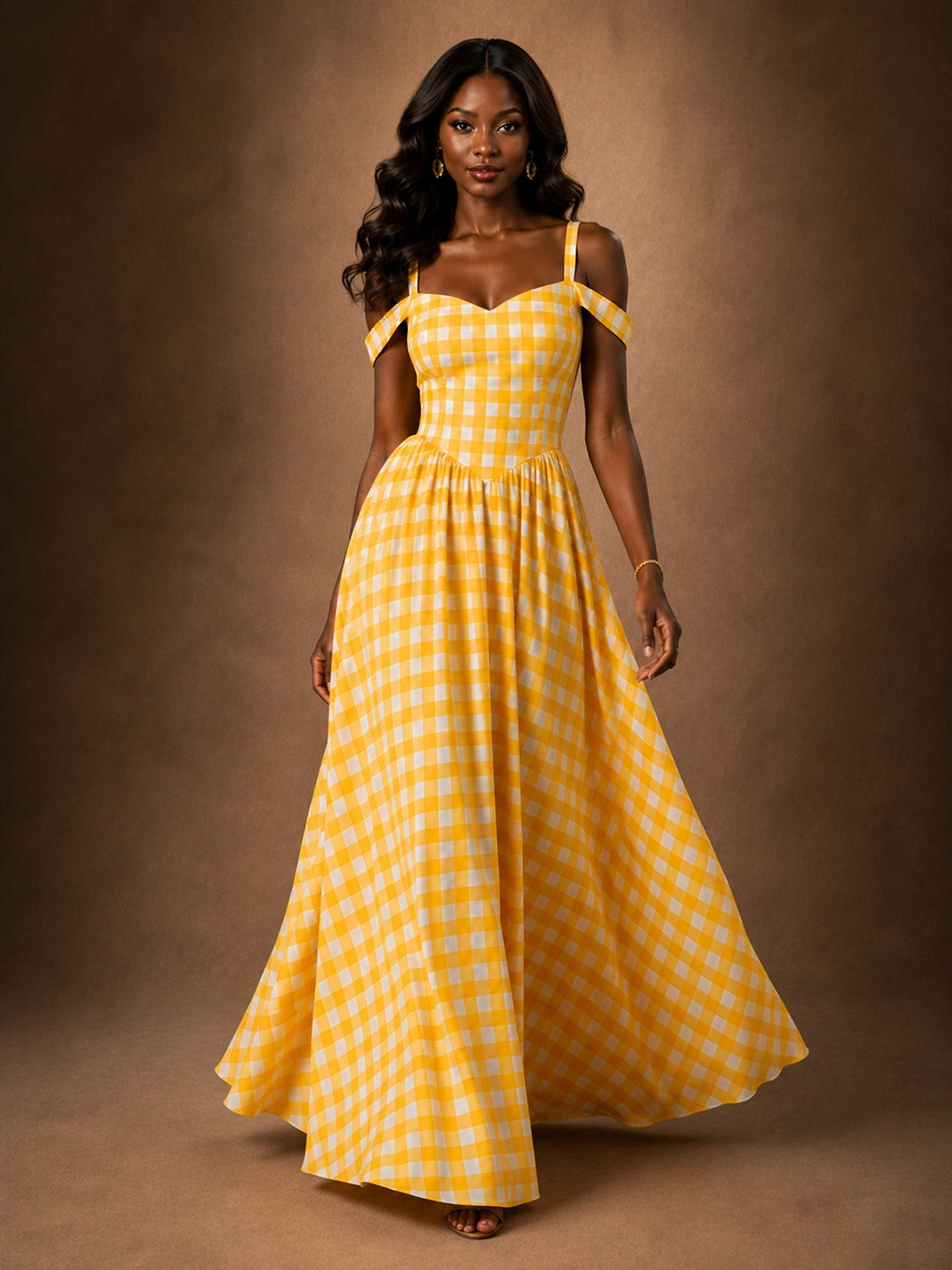 Yellow Gingham Sweetheart Maxi Dress with Off-Shoulder Straps