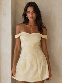 Yellow Off Shoulder Mini Dress with Floral Jacquard Skirt