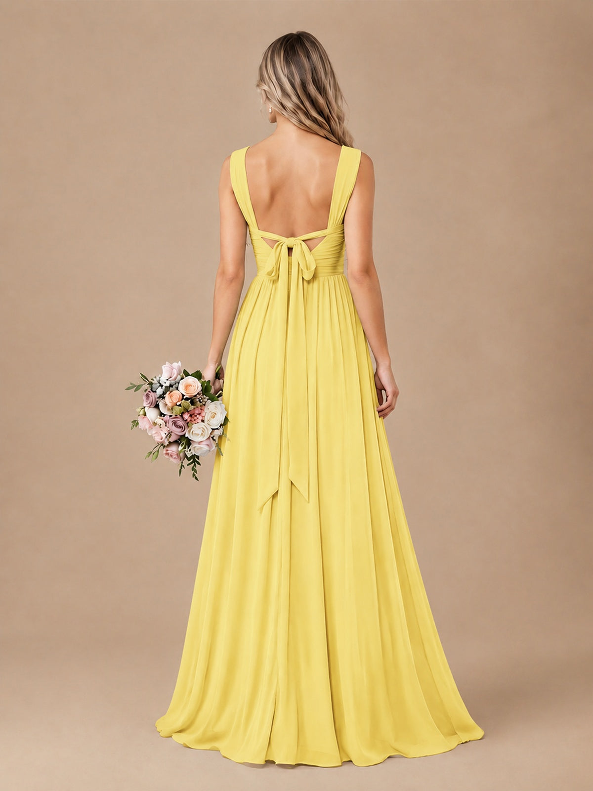 Pleated Chiffon V Neck Wedding Bridesmaid Dresses Floor Length with Slit