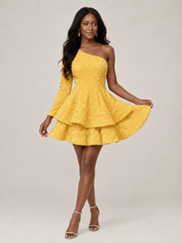 Puffy One Shoulder Sequin Tiered Mini Dress