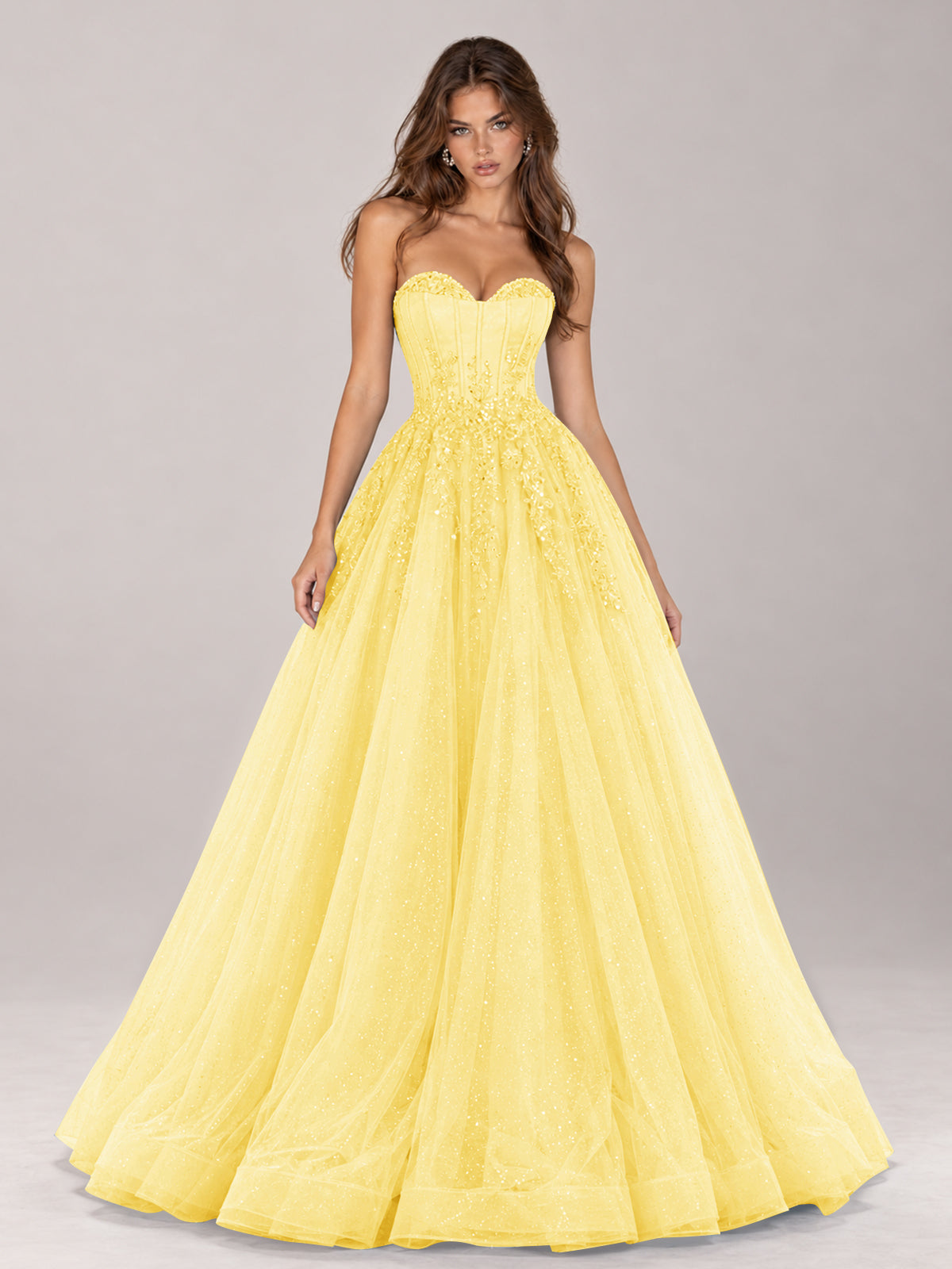 Strapless Sweetheart Beaded Corset Glitter Tulle Ball Gown Prom Dress