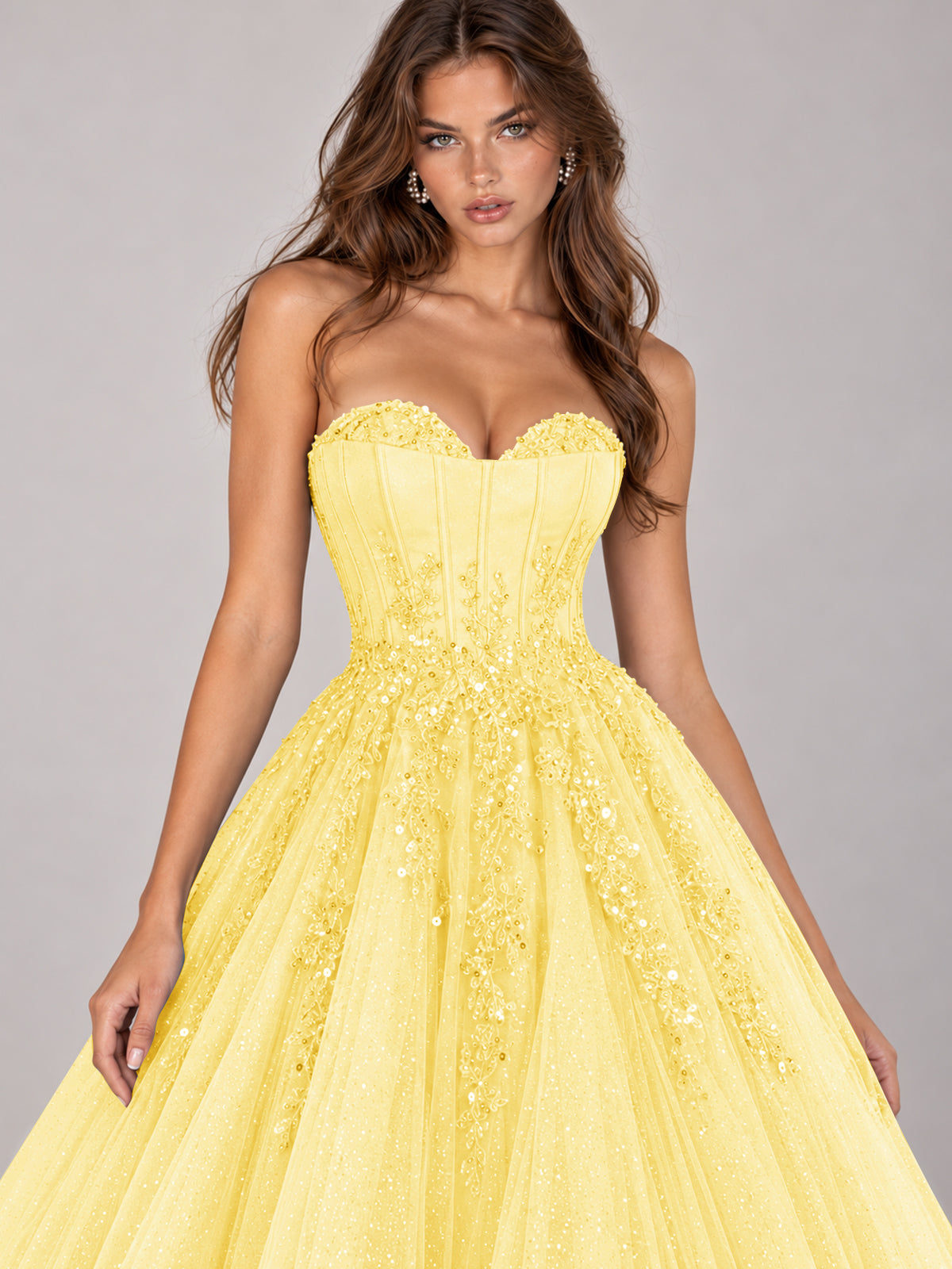 Strapless Sweetheart Beaded Corset Glitter Tulle Ball Gown Prom Dress