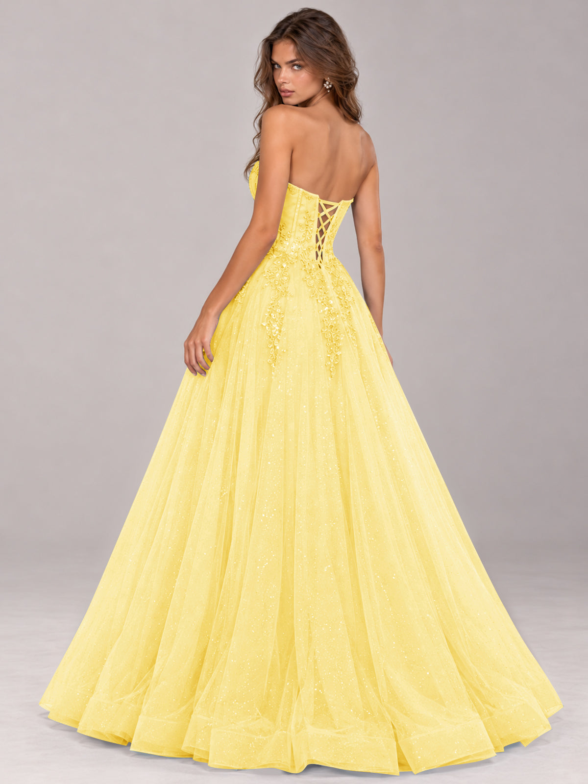Strapless Sweetheart Beaded Corset Glitter Tulle Ball Gown Prom Dress